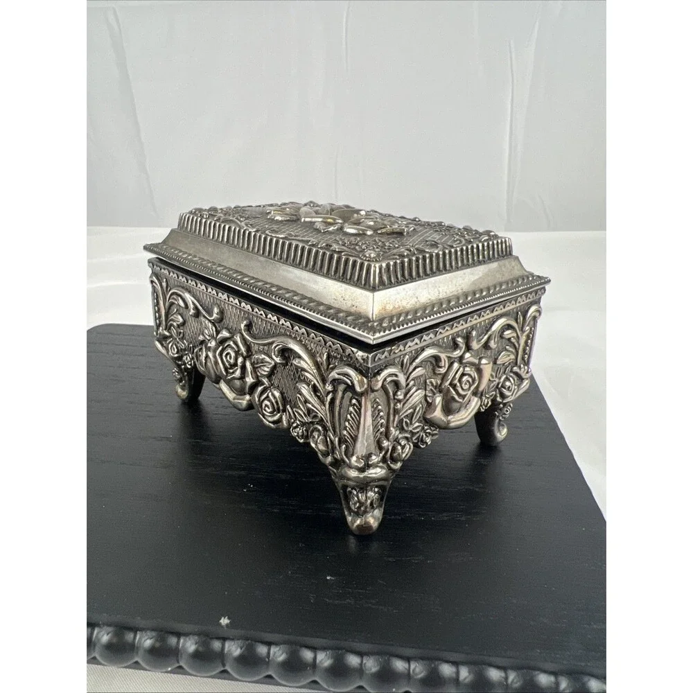 Silver Plated Pewter Rose Jewelry Box Trinket Box Velvet Lined Footed Vintage
